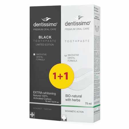 Dentissimo Паста за зъби Extra-Whitening Black 75 ml + Dentissimo Паста за зъби Натурална с лечебни билки 75 ml