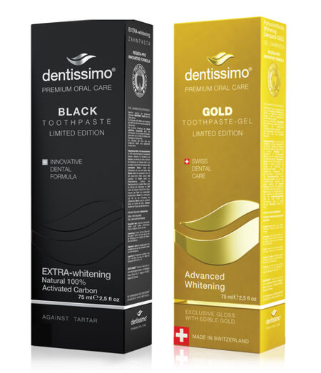 Dentissimo Промо Паста за зъби Extra-Whitening Black + Паста за зъби Advanced Whitening Gold