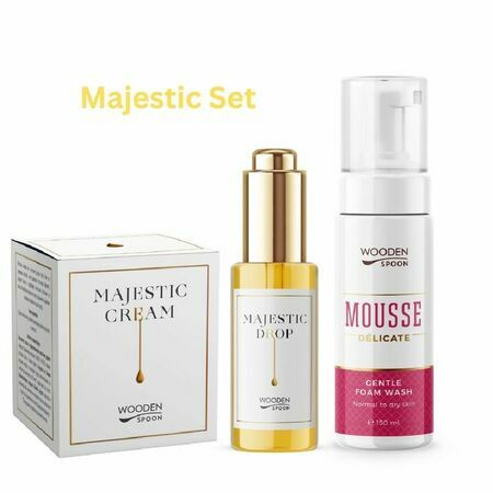 MAJESTIC SET, Еликсир Majesti, Подмладяващ крем Majestic, Почистваща пяна за лице Mousse Delicate + 5бр.тампони за лице